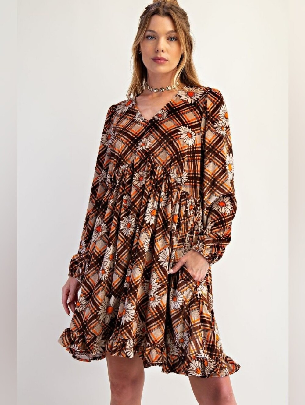 4-0731 Plaid Daisy Tiered Long-Sleeve Dress in Brown